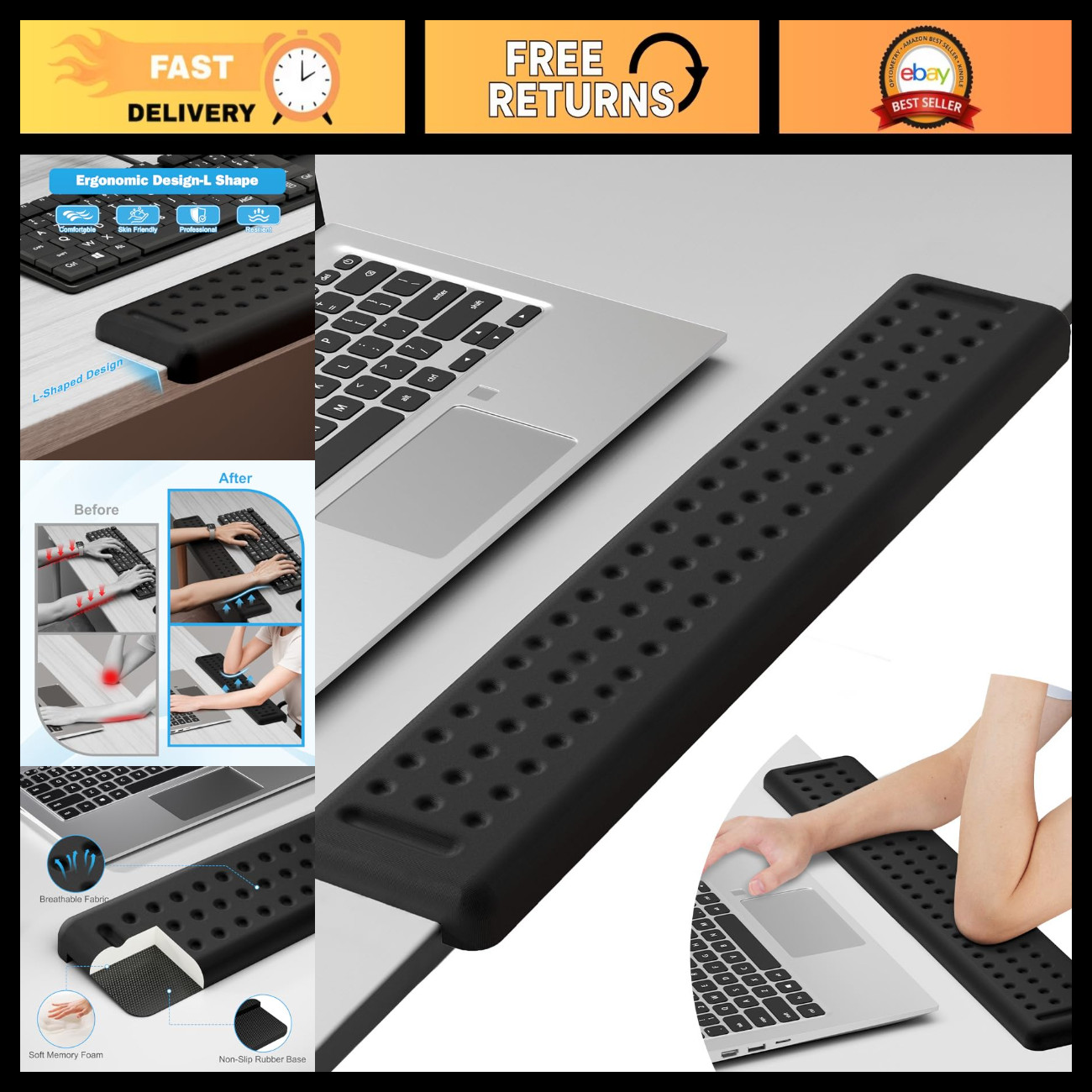 L-Shaped Desk Long Wrist Rest, 60CM Elbow Support Arm Rest for Home Office, Blac
