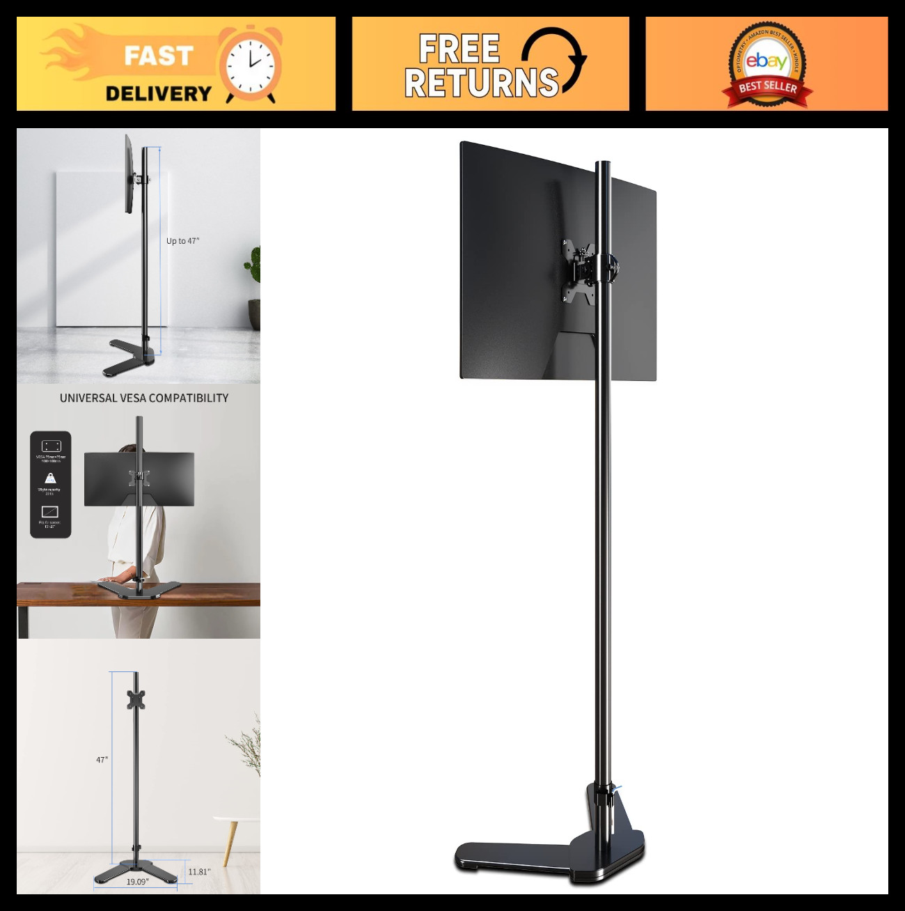 Extra Long Free-Standing Monitor Mount, 47" Pole, Supports 13-27" Screens, 22lbs