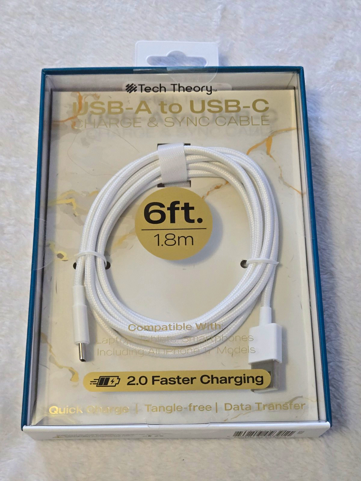 Tech Theory Quick Charge USB-A to USB-C Tangle-Free Cable 6 ft White