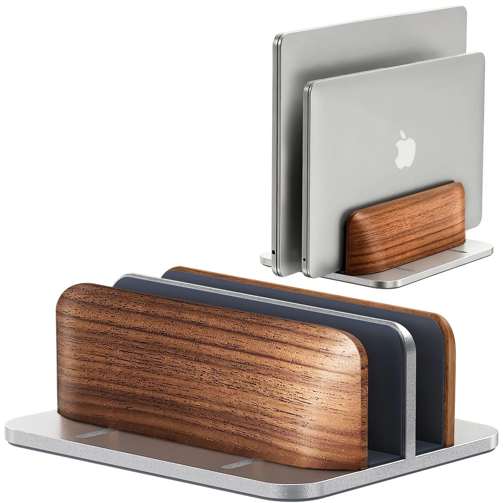 Vertical Laptop Stand, Walnut Dual Laptop Holder with Adjustable Aluminum All...