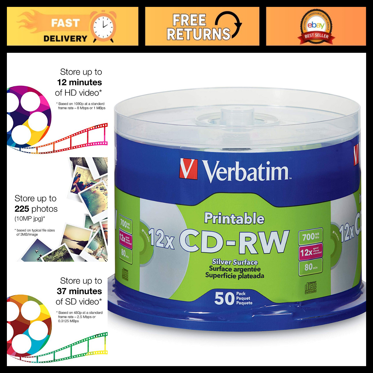 50pk CD-RW 700MB 2X-4X Inkjet Printable Silver Discs - DataLifePlus Spindle