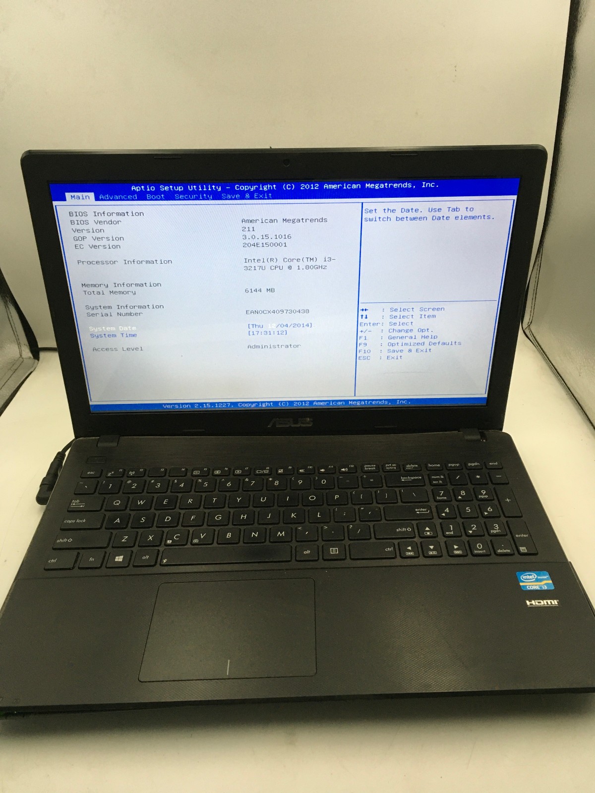 ASUS F551C NOTEBOOK - BOOTS TO BIOS - INTEL I3 3217U - 6GB RAM - NO OS - READ-BB