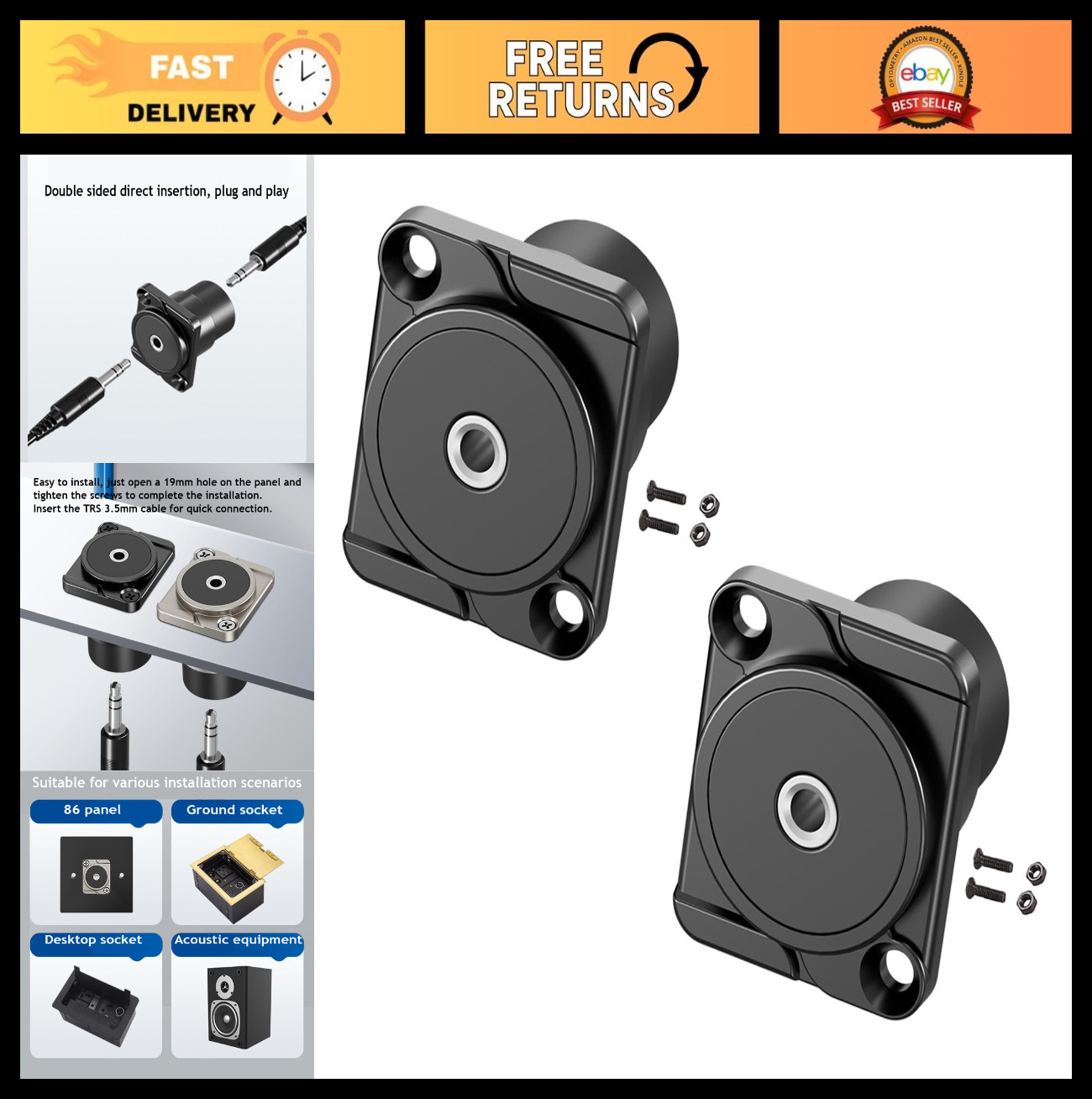 2PCS 3.5mm TRS Female to Female Panel Mount Adapter - 1/8" Stereo Jack Connector