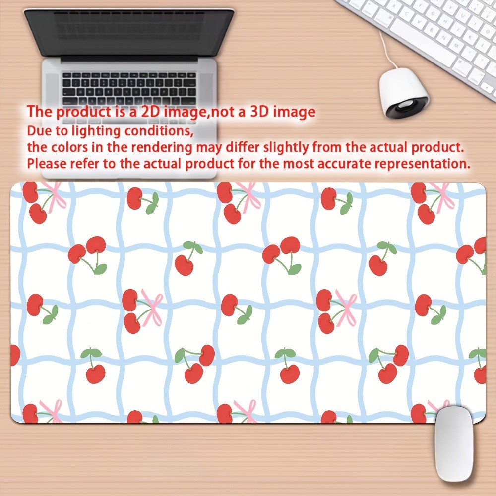 1pc Cherry Desk Mat & Gaming Mouse Pad with Non-Slip Rubber Base, Wavy Grid Su