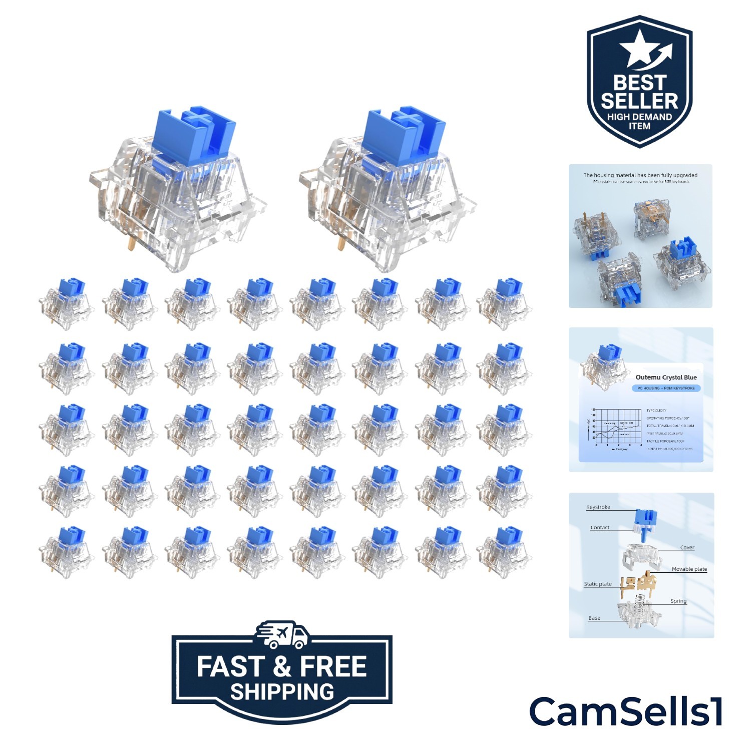 Keyboard Clickers for 3D Prints,108 Pcs Crystal Blue Keyboard Switch