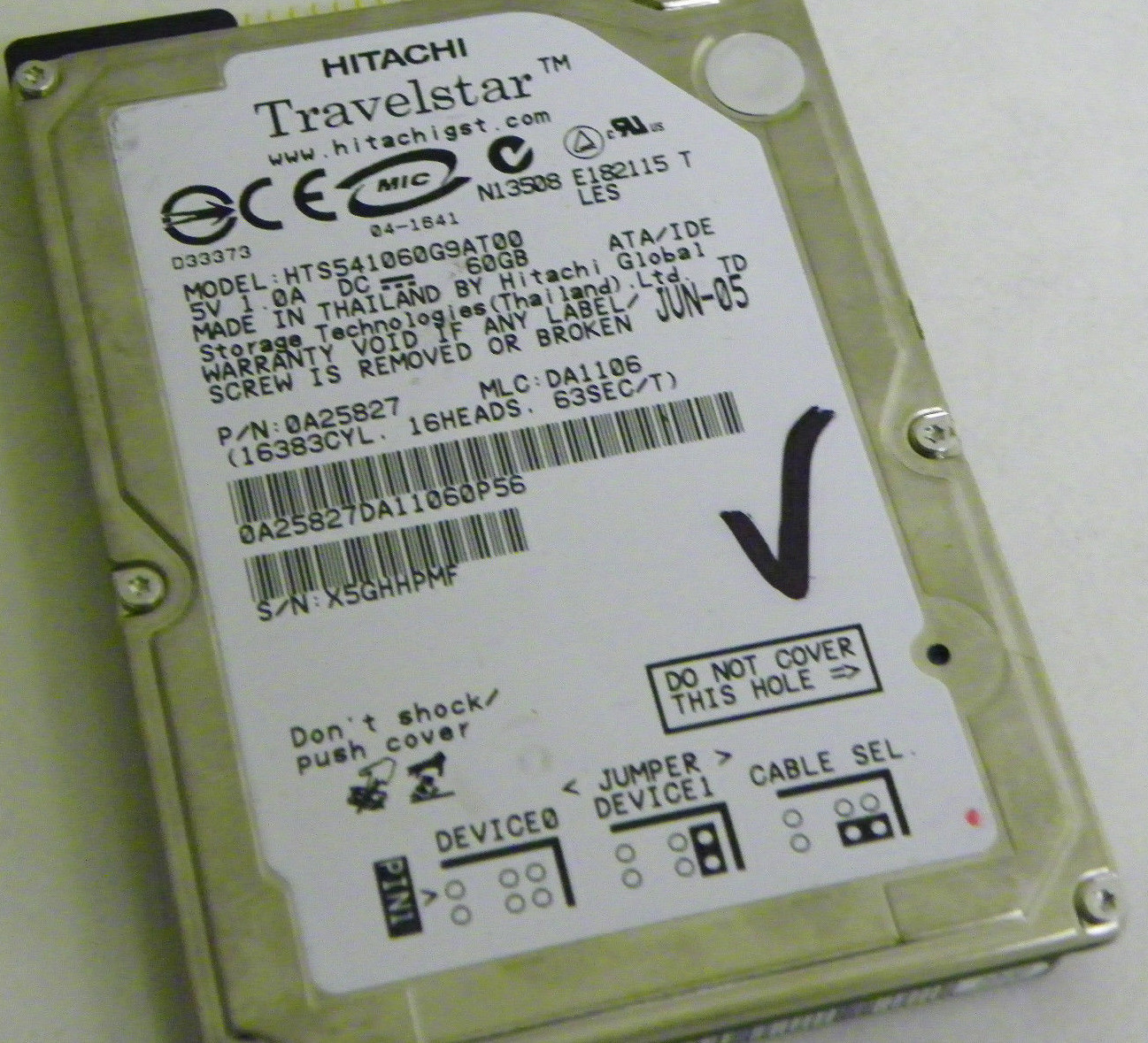 60GB Hitachi HTS541060G9AT00 Laptop IDE Hard Drive P/N 0A25827 MLC: DA1106