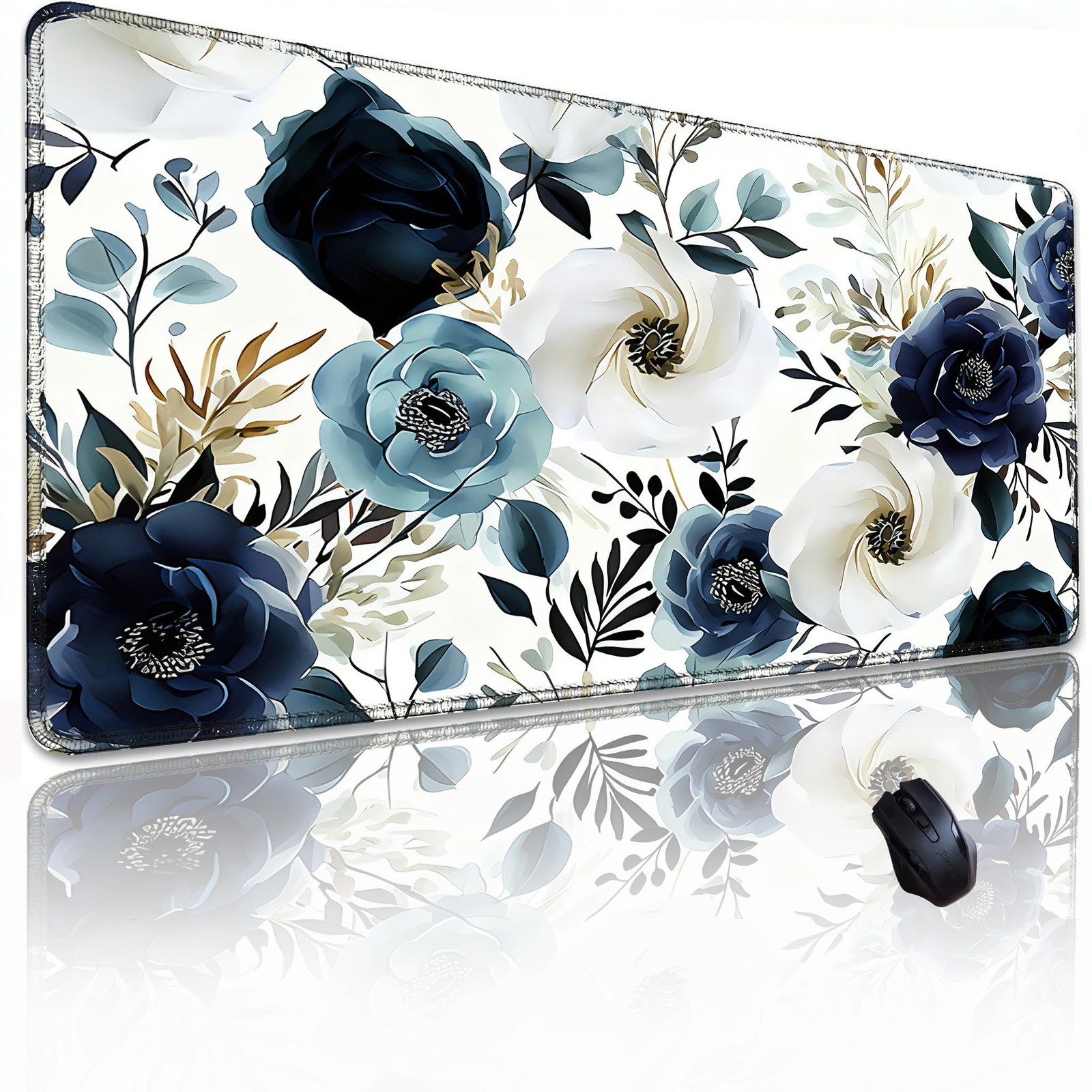 Blue Floral Mouse Pad Large White Flowers Desk Mat 31.5x11.8 Inch Keyboard