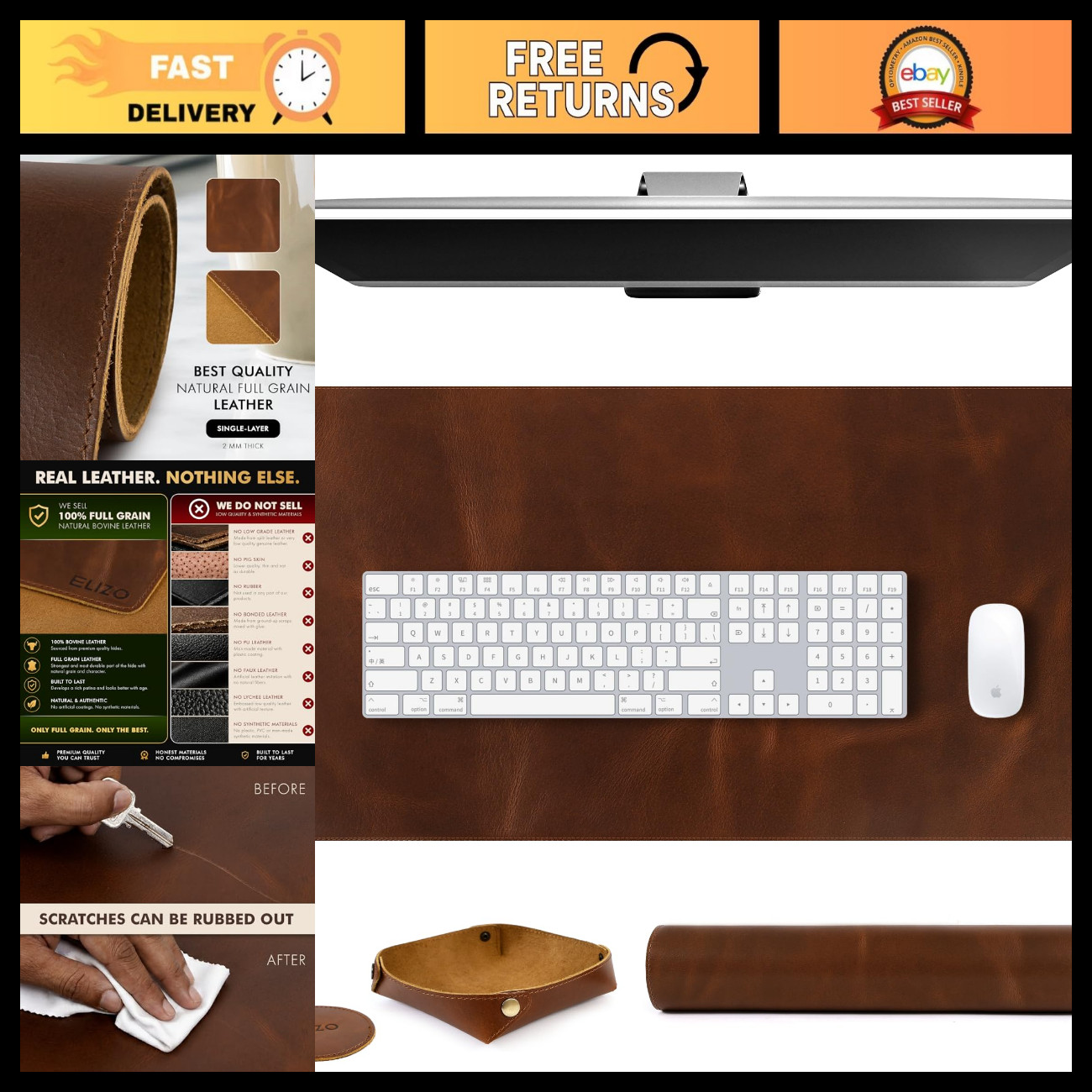 Large Real Leather Desk Mat Set 32x16" - Blotter Protector for Office, Gaming &