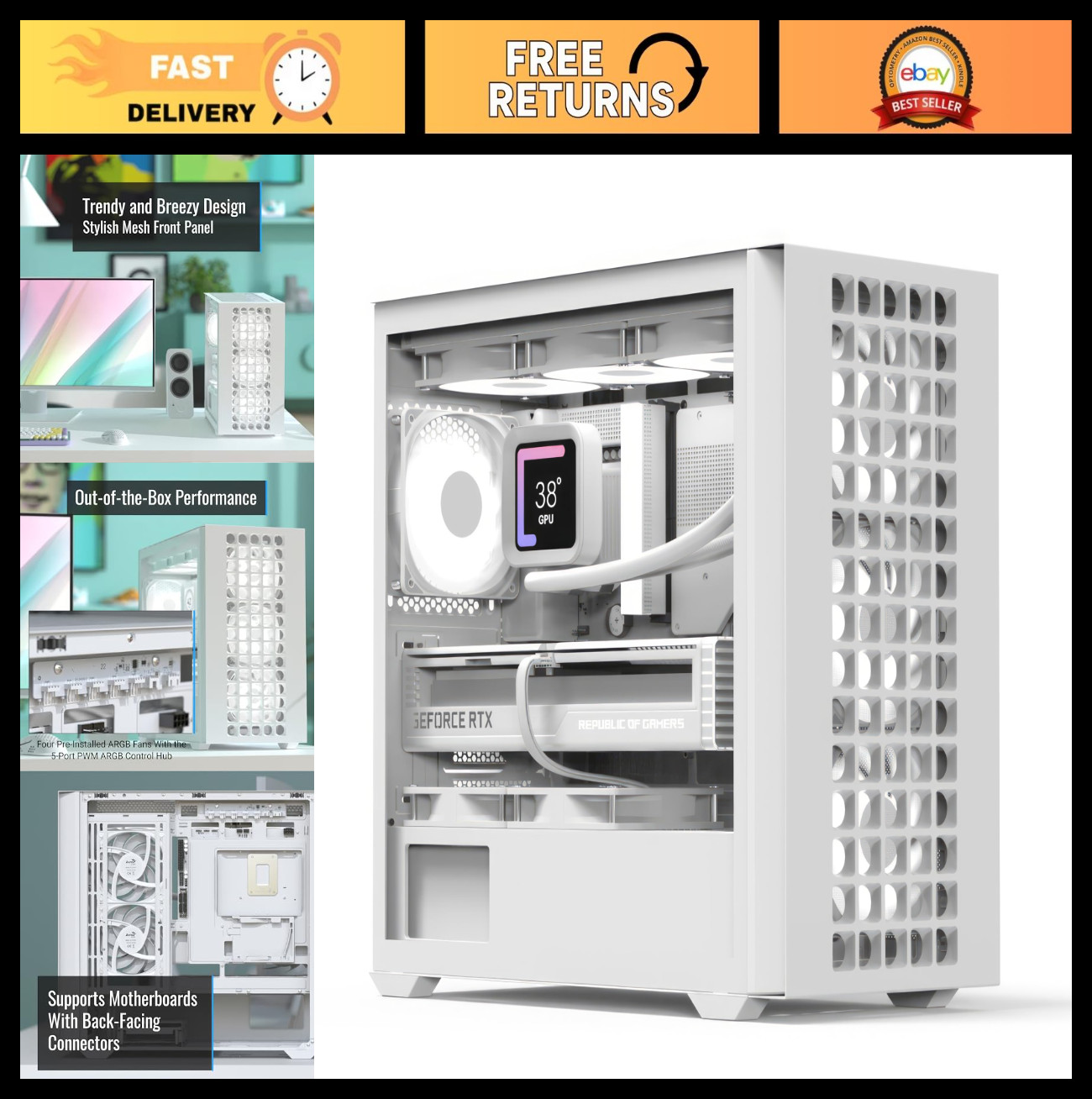 Mini Tower Case with 360mm Radiator Support, 11 Fan Slots, USB Type-C, White