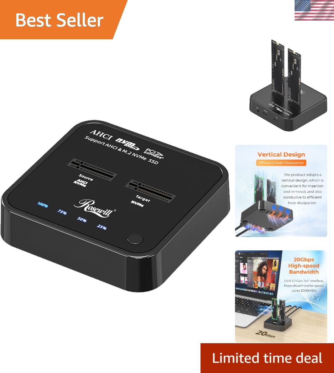 Cloner, M.2 Duplicator Dual Bay Enclosure, Tool-Free 20Gbps .2 Gen 2X2 to USB...