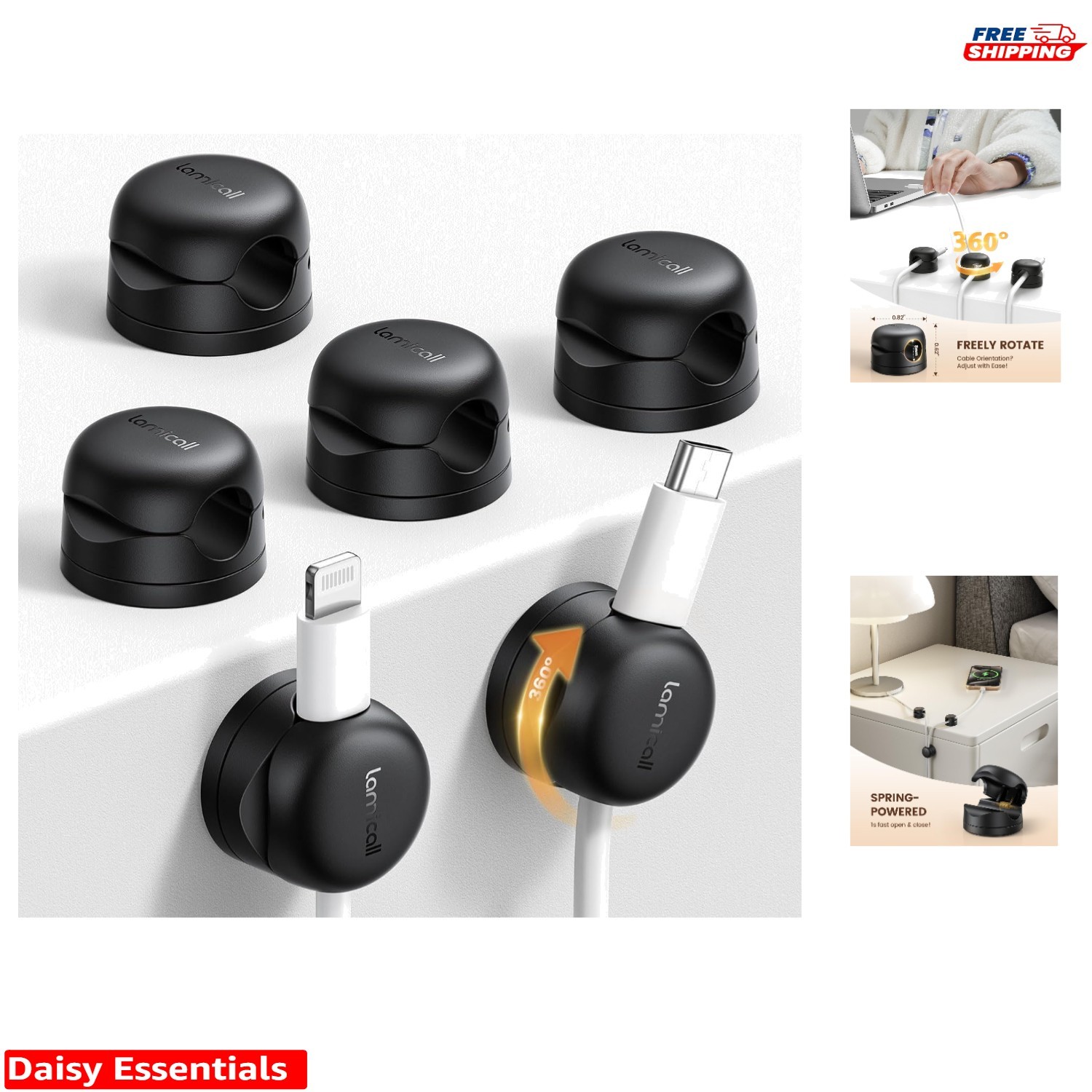 6Pack Rotatable Cord Organizer Clips - Classic Black Desk Cable Management