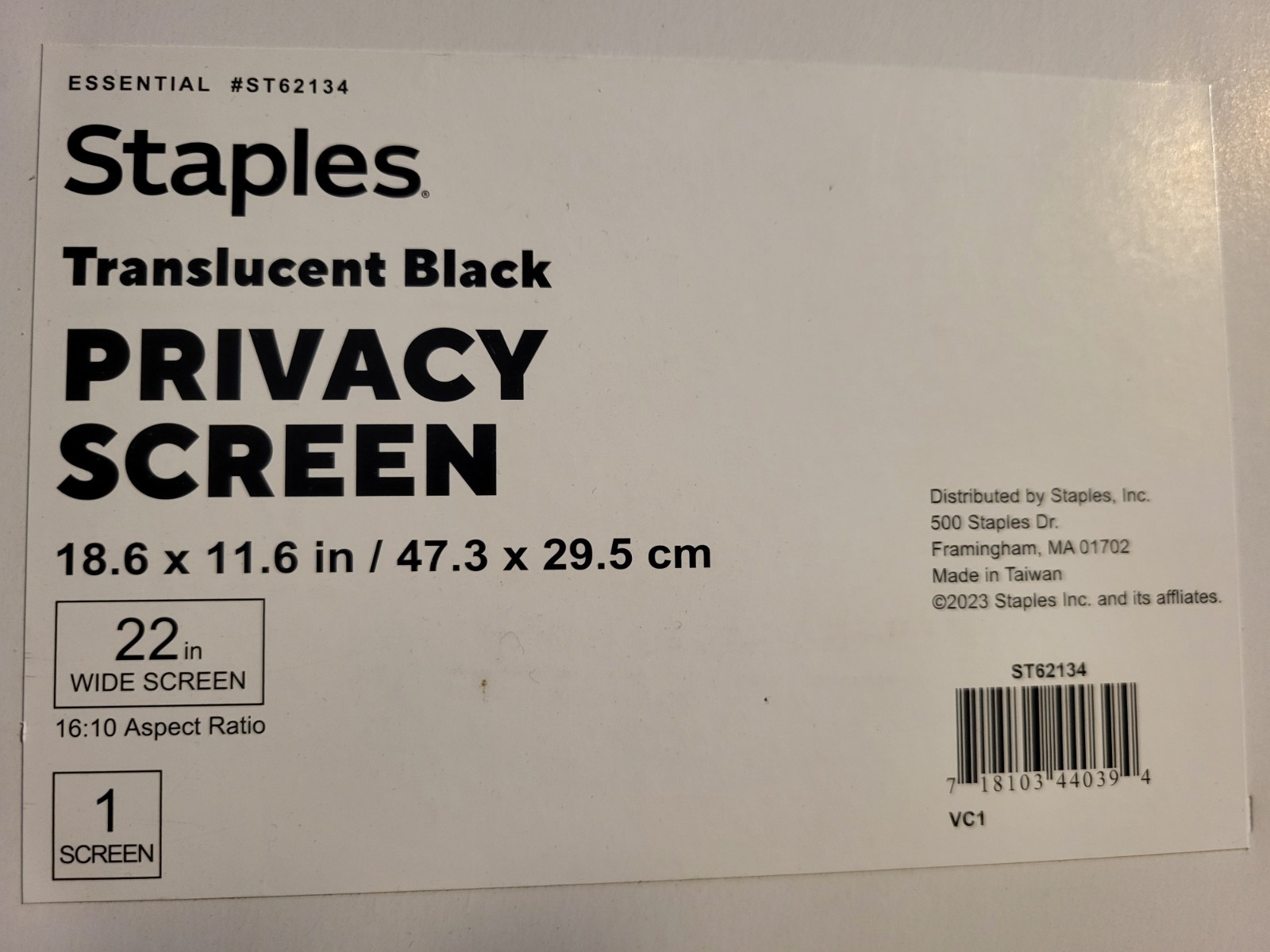 STAPLES Translucent Black 22" PRIVACY Screen Model #: ST62134