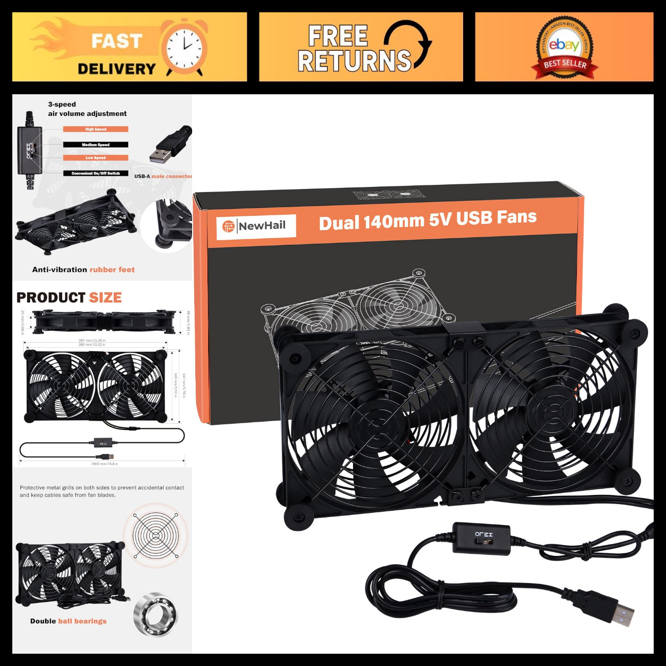 Quiet Dual 140mm Cooling Fan with 3-Speed Controller for Router, Modem, DVR & TV