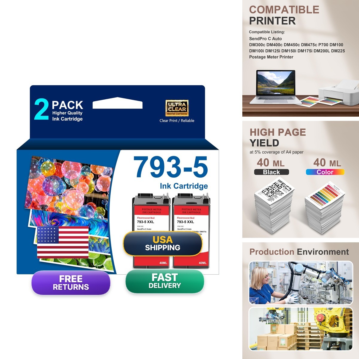 SL-793-5 Red Ink Cartridge 2 Pack for Pitney Bowes P700 DM100 DM100i DM125i
