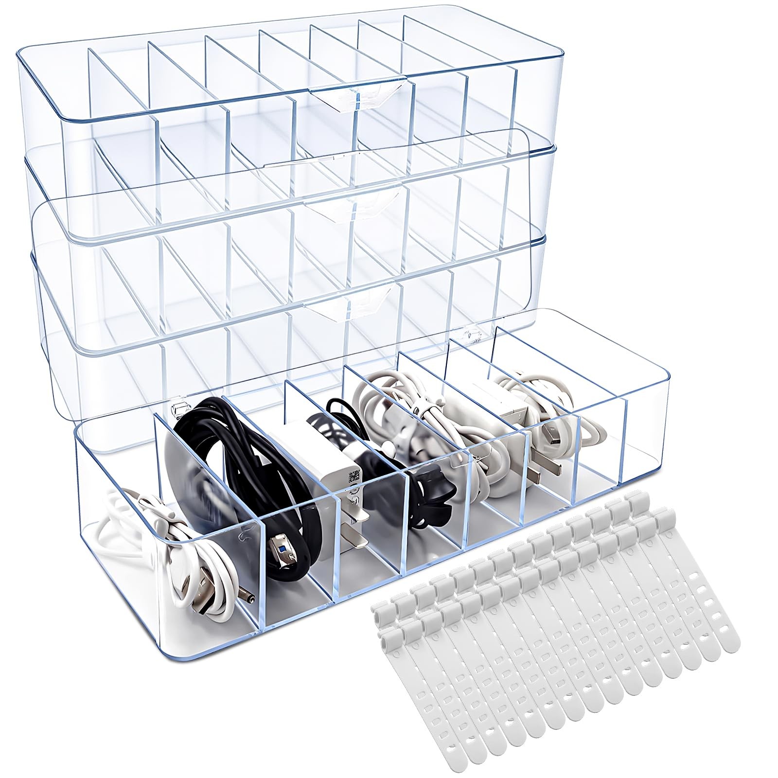 Cheardia 4 Pcs Cable Storage Organizer, Cord Organizer Box with 30 Wire Tie