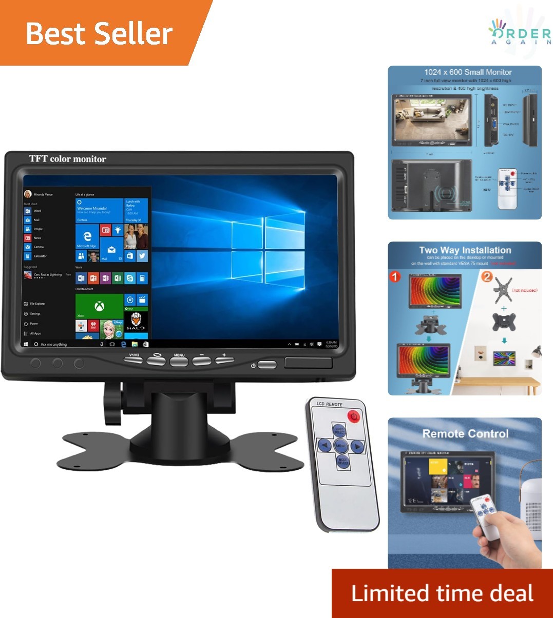 7 Inch Portable HD Monitor 1024x600 VGA HDMI AV Built-in Speakers