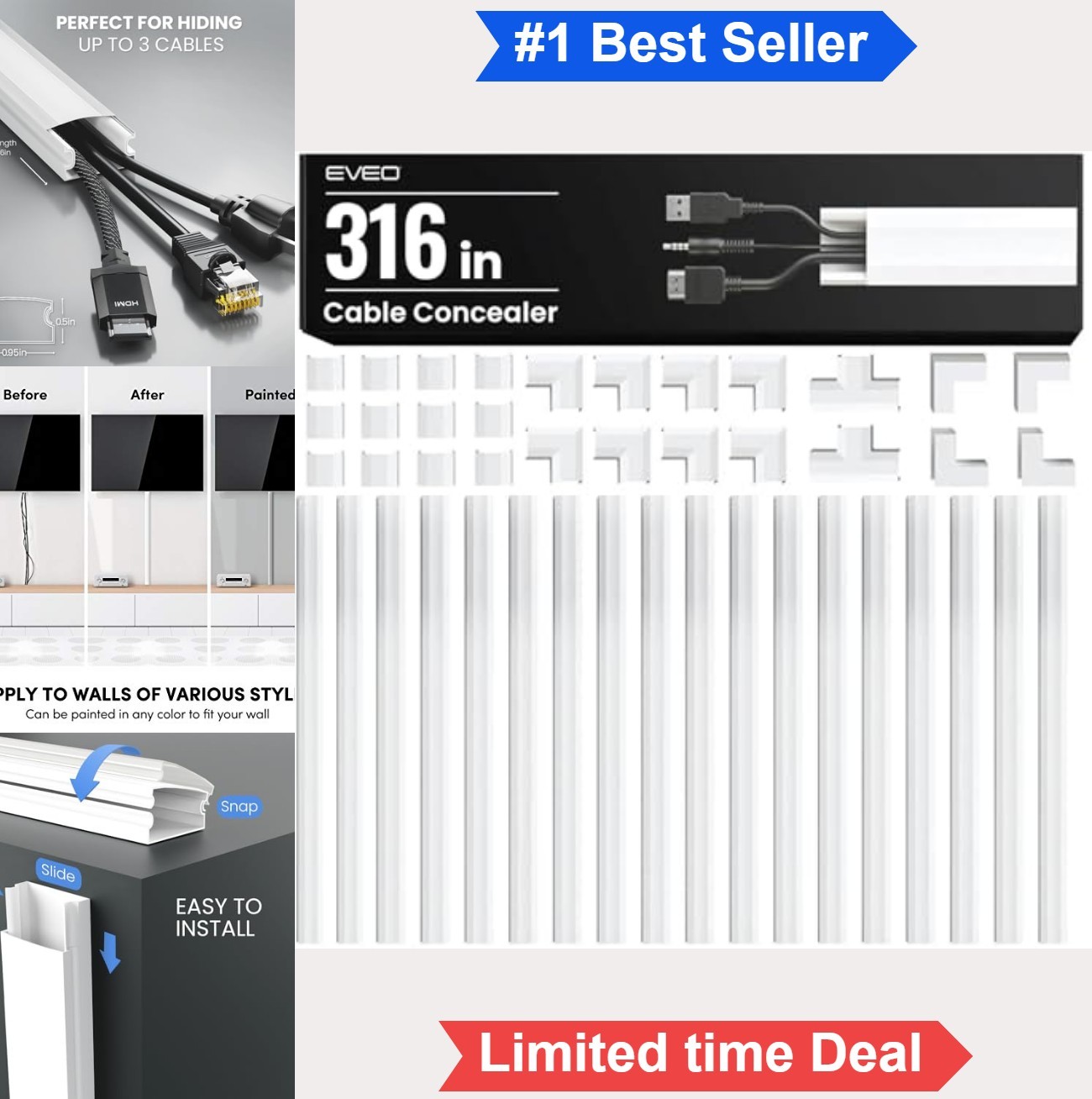 Cable Raceway Kit 306 Inch 20 Piece White PVC Cord Hider Wall Wire Cover for TV