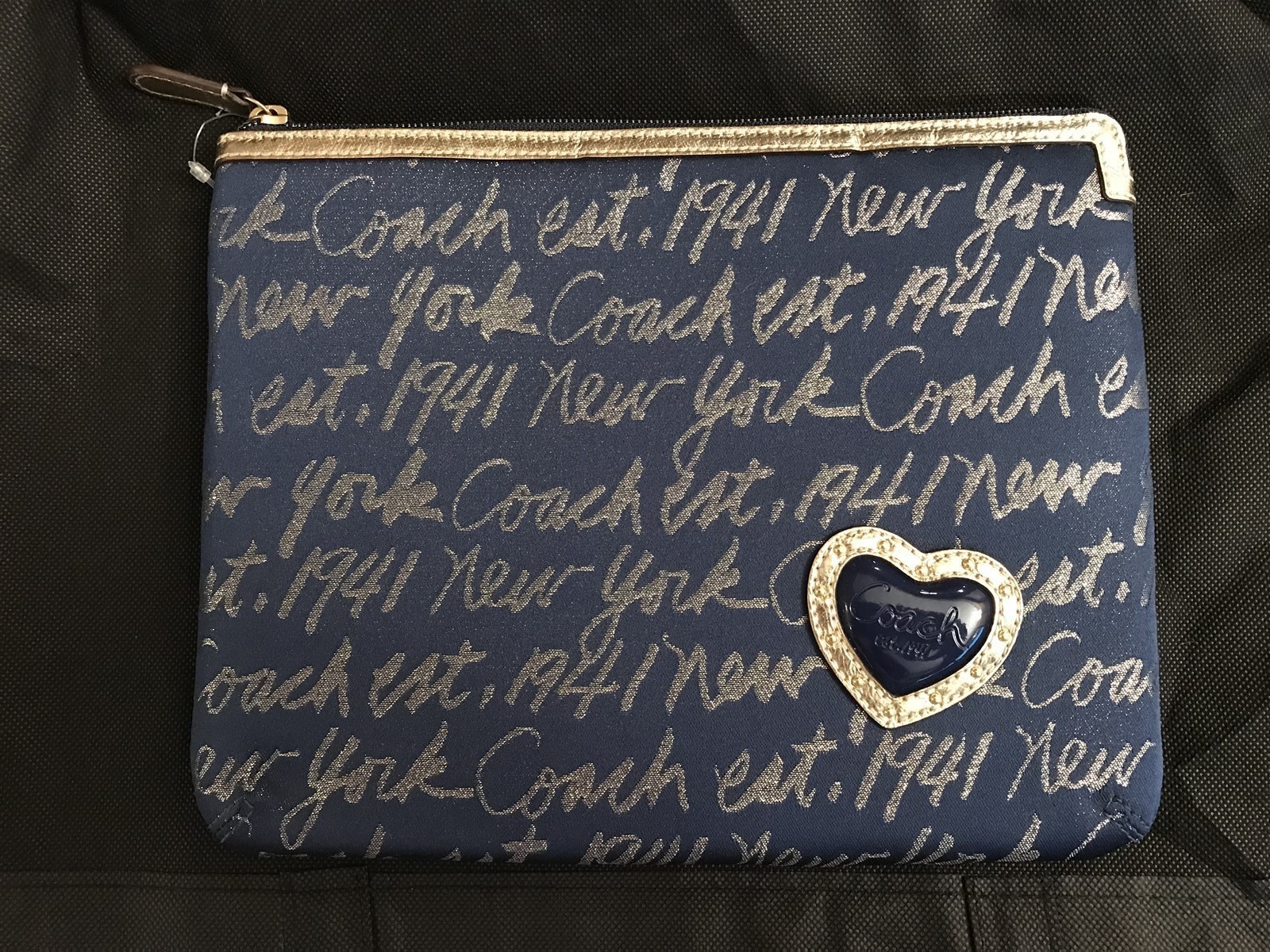 Coach Signature Script Tablet Sleeve Case Clutch Blue & Gold Glitter Heart NWT
