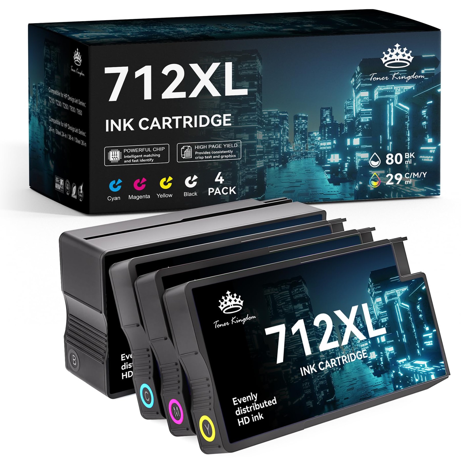** NEW HP Ink | 712XL / 712 | Black / Color | With Chips | Compatible | 4-Pack
