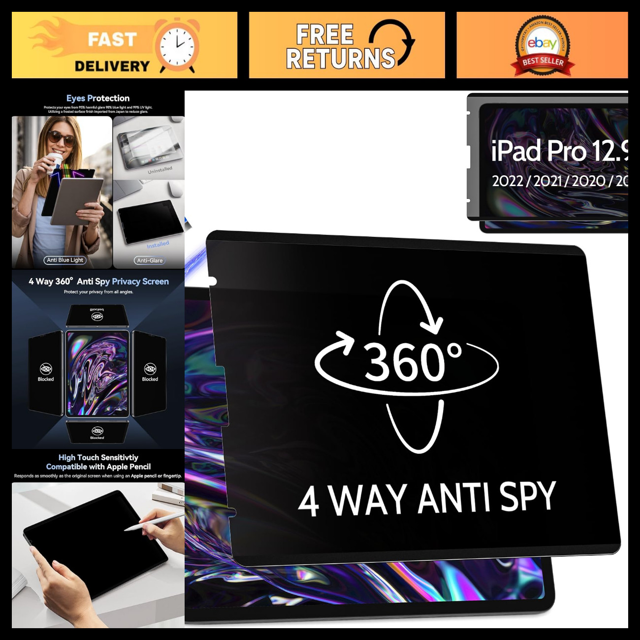 360° Magnetic Privacy Screen for iPad Pro 12.9" - Anti-Glare, Blue Light Filter,