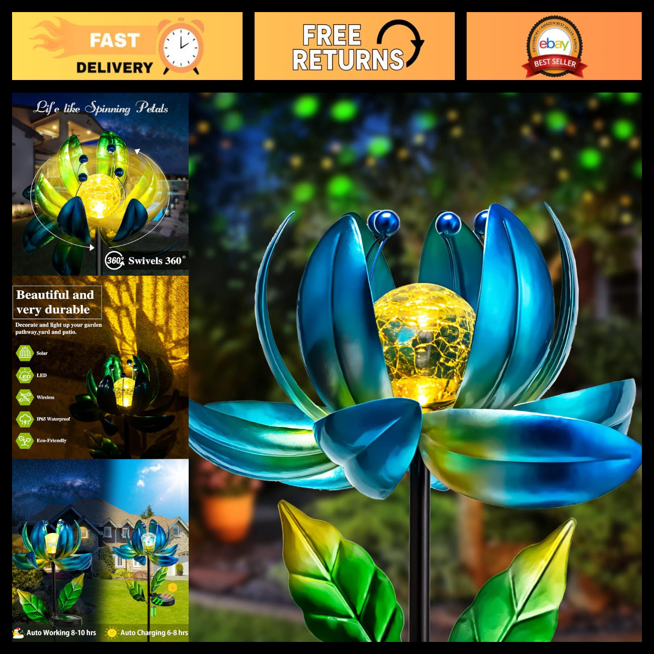Colorful Solar Garden Lights - Metal Flower Windmill Pathway Decor with LED Ball