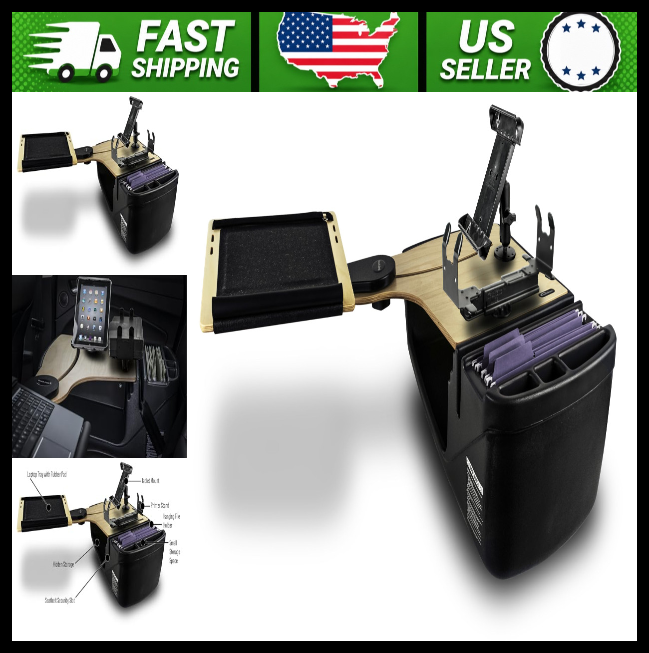 AutoExec Reach Car Desk Back Seat Workstation with Printer Stand & Tablet Mount