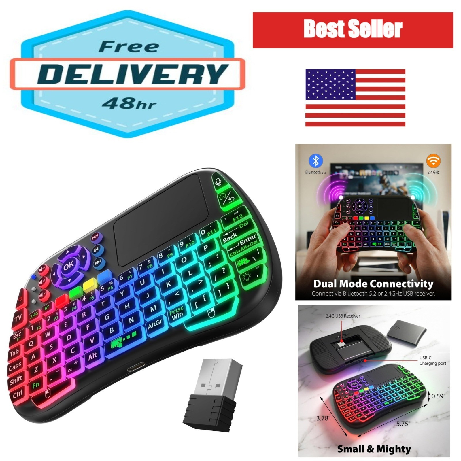 Fosmon Mini Wireless Keyboard with Touchpad, RGB Backlit, Bluetooth 5.2 & 2.4G