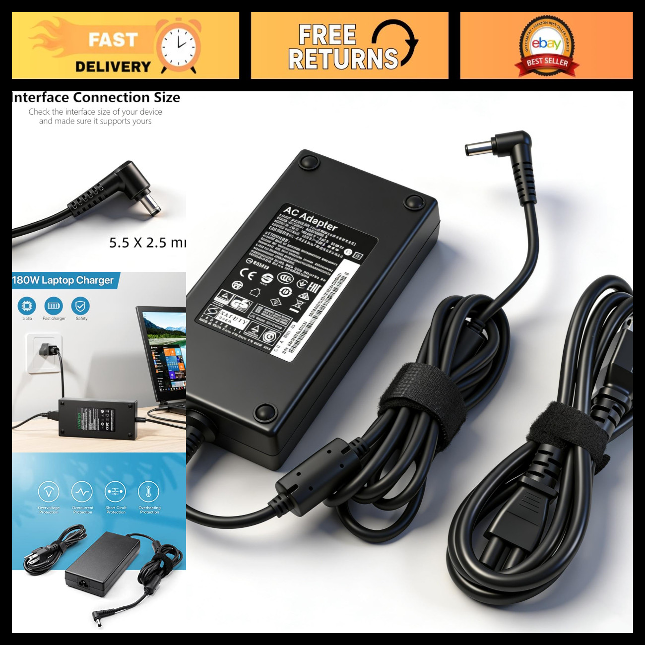 High-Power 180W Laptop Charger Compatible with MSI Gaming Laptops & More