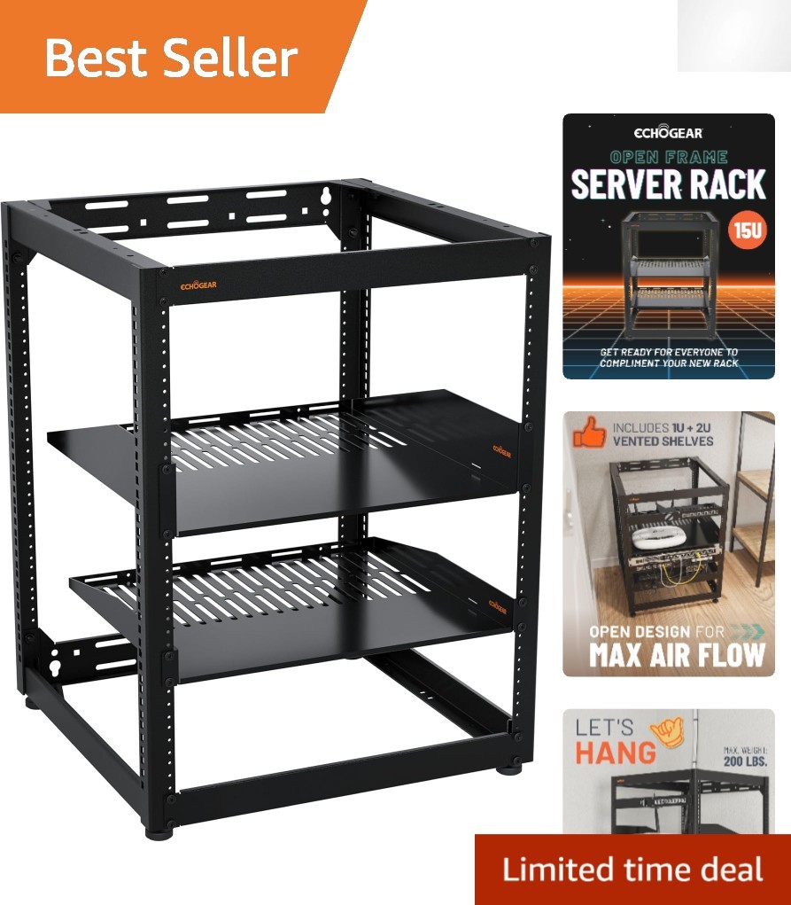 Lightweight 15U Open Frame Rack - Elegant Black Finish for Networking Gear
