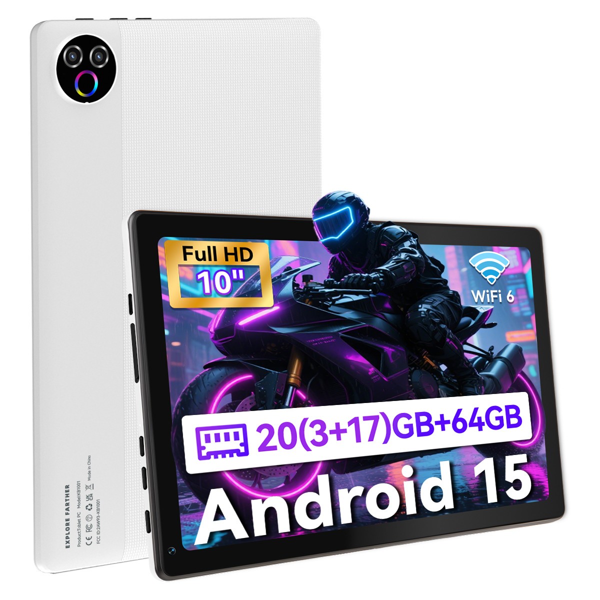 A333 Five-Core Tablet Android 15 Wifi 6 Face ID Unlock 64GB Halo White/Black