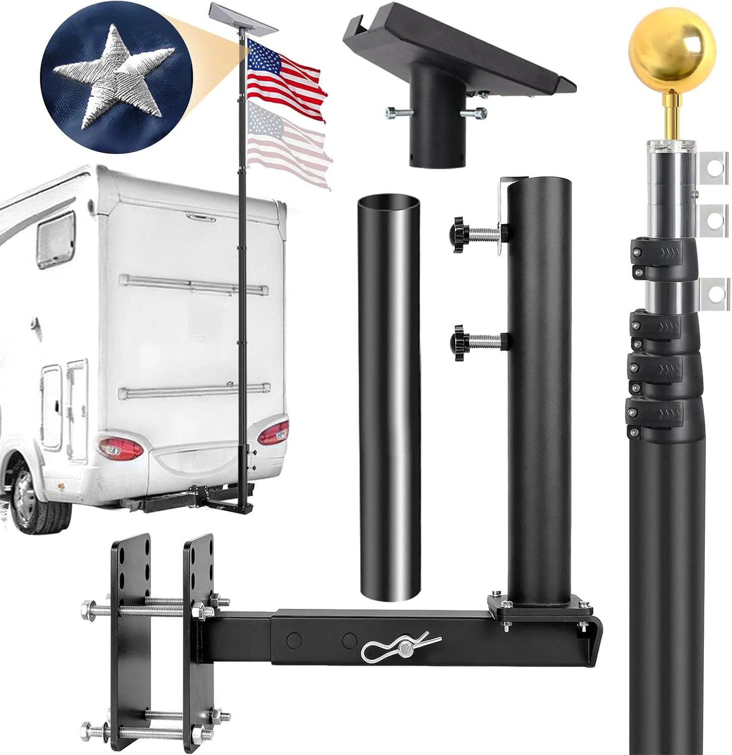 16FT RV Flagpole Kit, Metal Pipe Adapter Compatible with Starlink Gen 3, Heavy‑D
