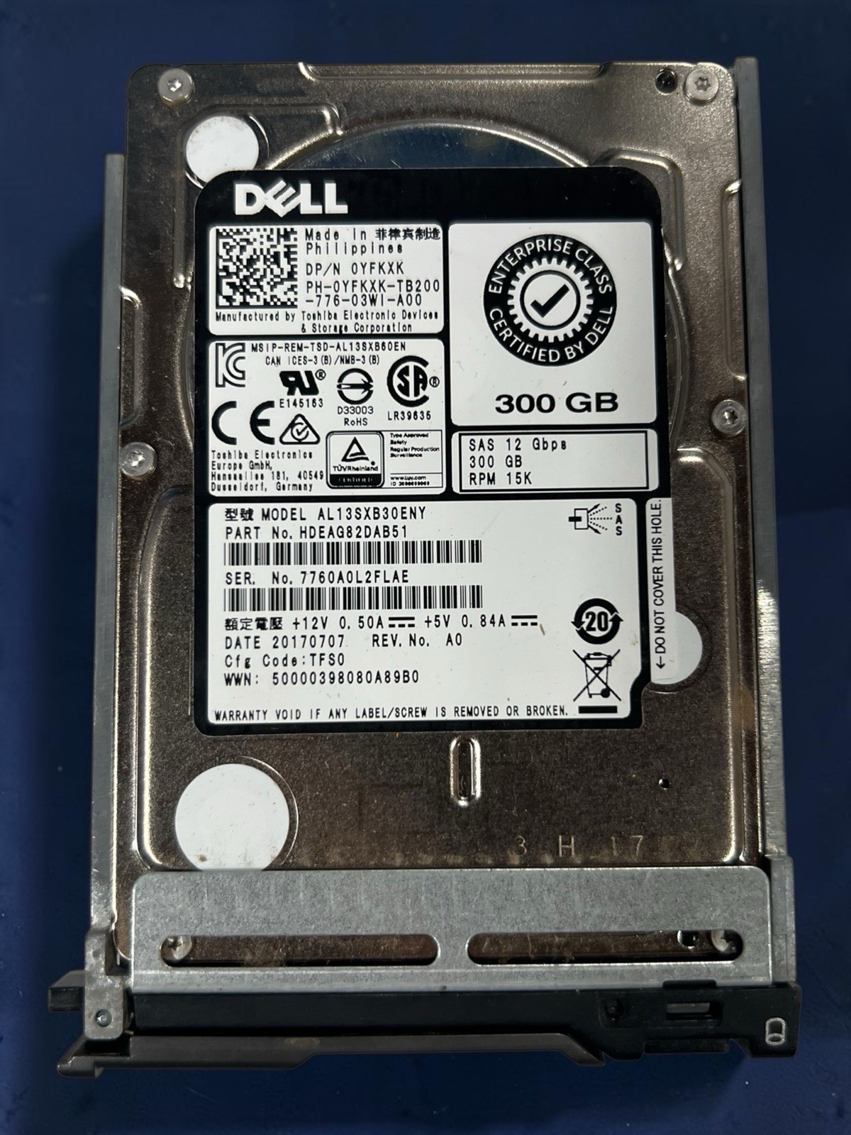 Dell 0YFKXK 300GB 15K RPM SAS 12Gbps 2.5” Enterprise HDD w/ Tray