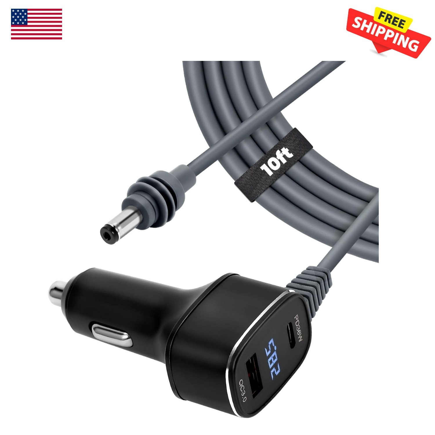 Durable Dual Port Mini Car Adapter 10FT - Digital Display & Protection