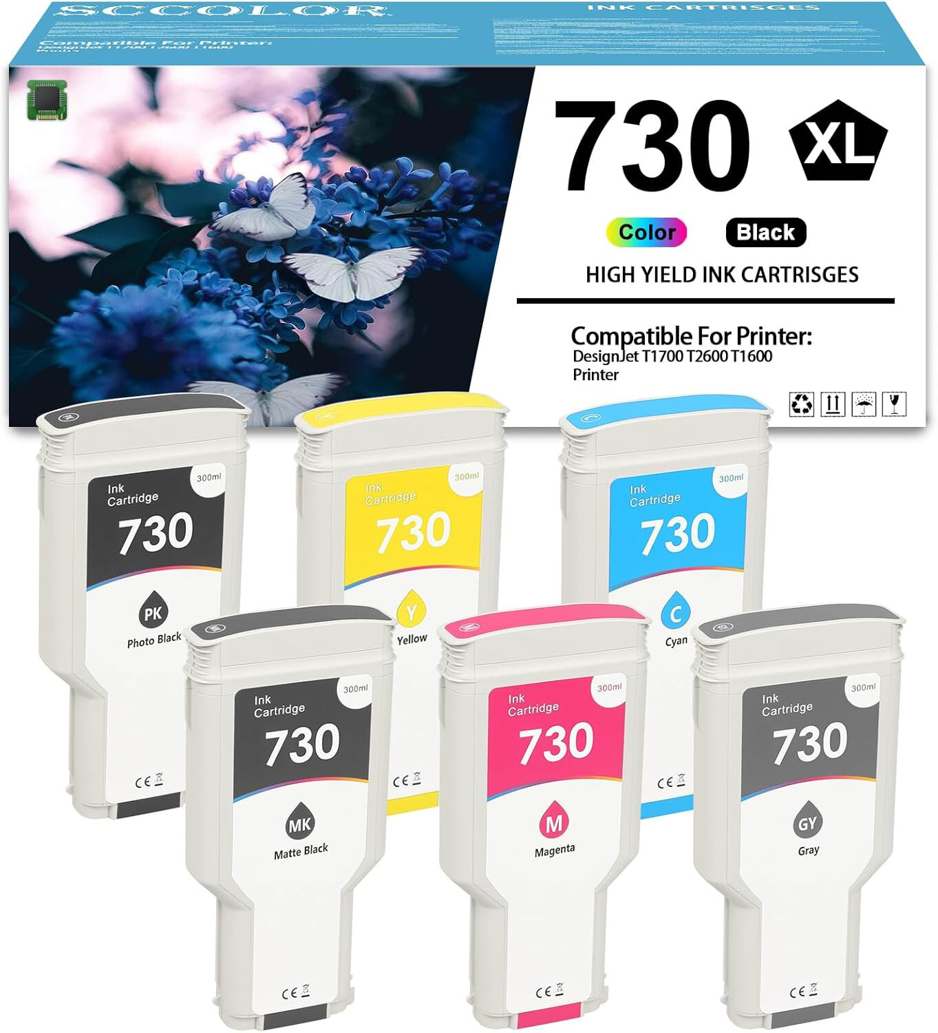 730 Ink Cartridges 300ML 6-Pack P2V68A ~ P2V73A 730XL Ink Cartridge, 2353