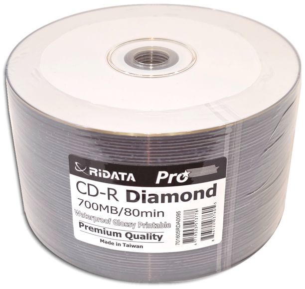 50-Pak Ridata Pro WATERPROOF GLOSSY White Inkjet Hub DIAMONDSILVER 80-Min CD-R's