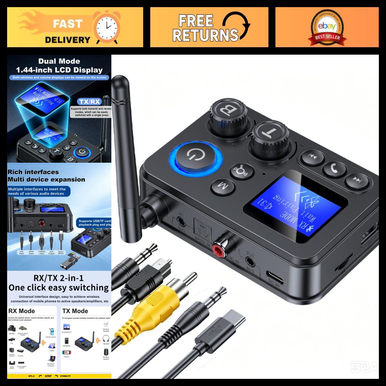 Bluetooth 5.4 Audio Transmitter Receiver for Home Stereo/TV, Optical AUX Adapter