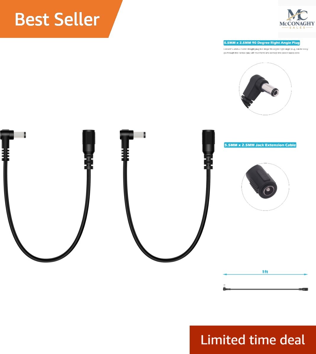 2 Pack 5.5mm x 2.5mm Right Angle DC Power Extension Cable - 1 ft Male to Female