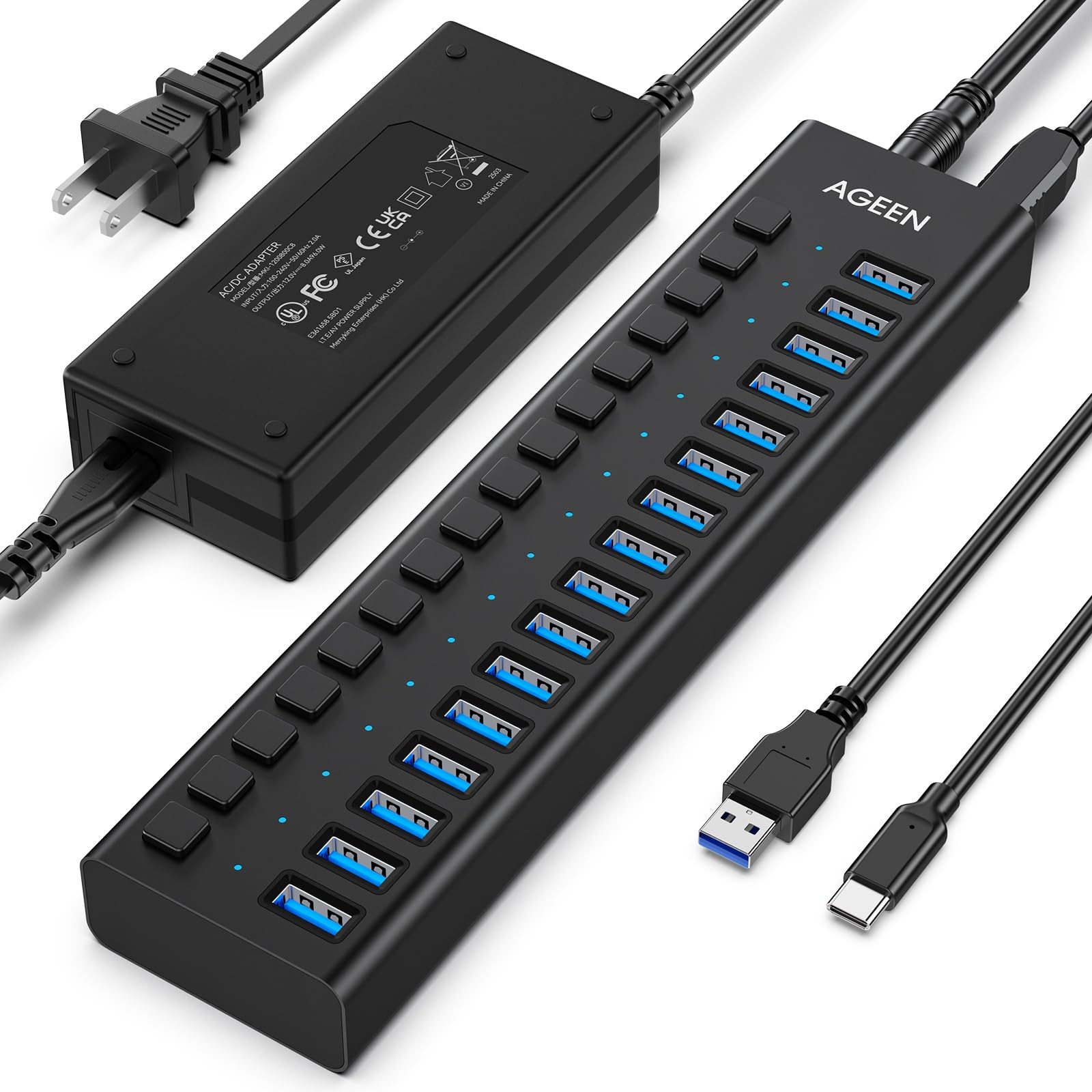 AGEEN 16Port Powered USB 3.2 Hub, 10Gbps Data Transfer, 96W Power Adapter