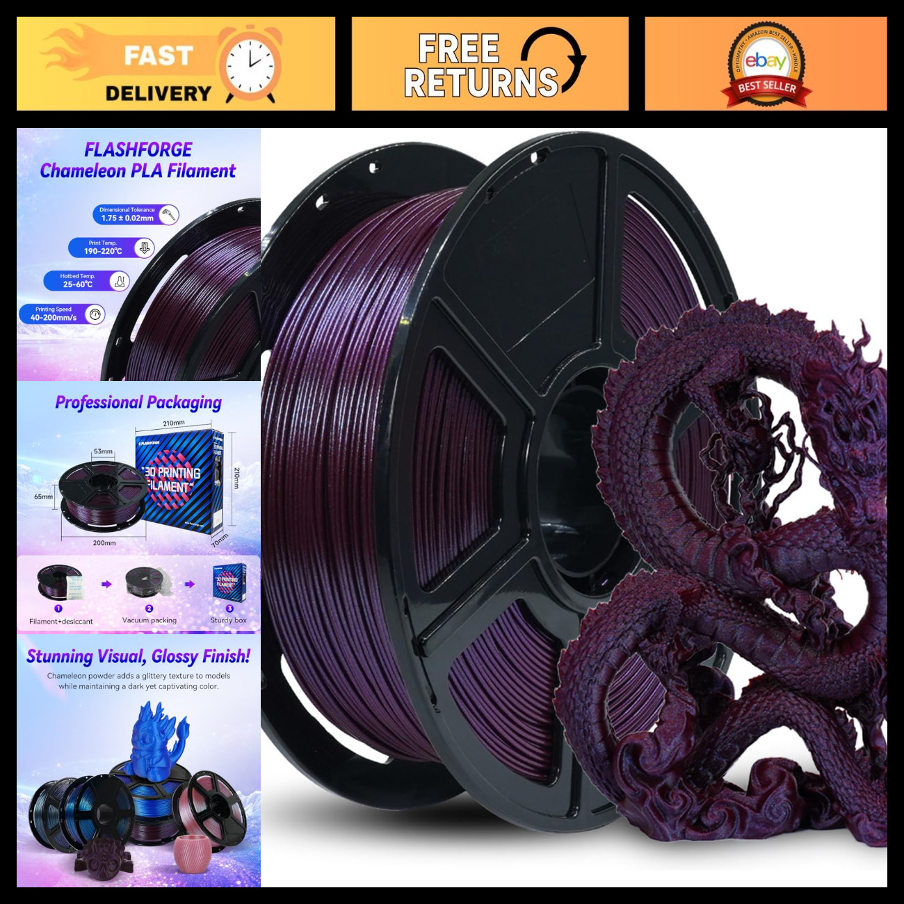 Chameleon PLA Color Shift 3D Printer Filament 1.75mm, 1KG Spool, Dimensional Acc