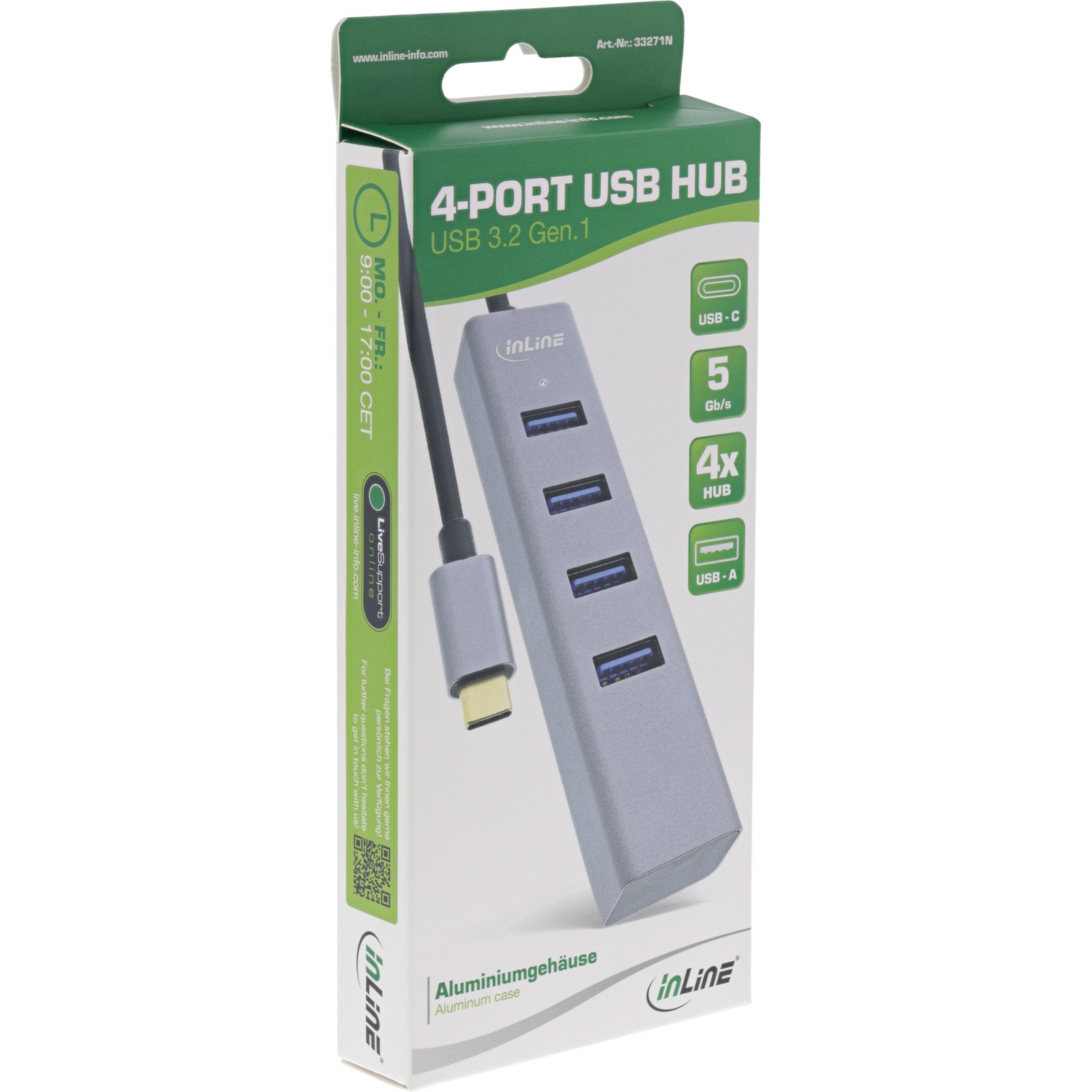InLine USB-C 3.2 Multi Hub (4x USB-A 5Gb/s) OTG Aluminum Case 33271N