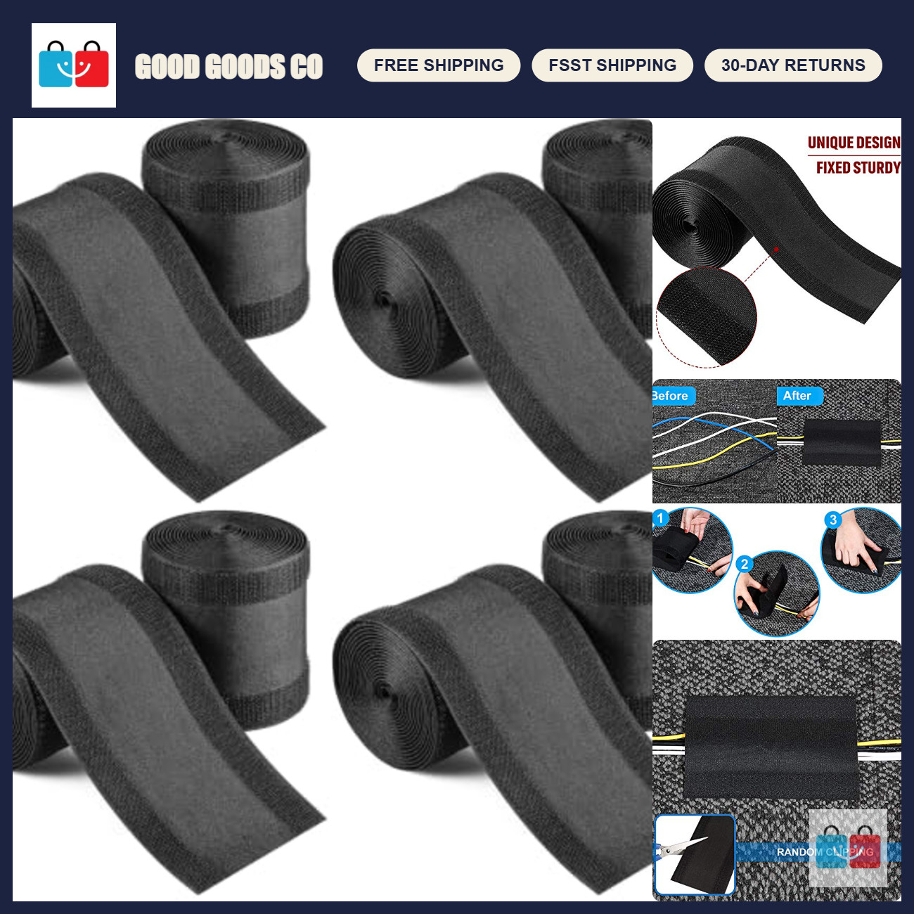 Carpet Cord Cover Cable Protector for Office Floors - 19.69ft, Black, Pack of 4