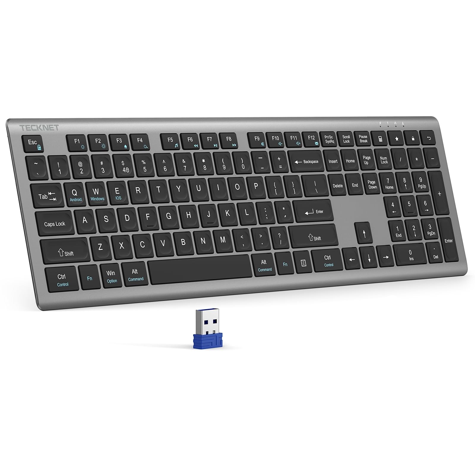 Grey Rechargeable UltraSlim 2.4G FullSize Wireless Keyboard 12Media