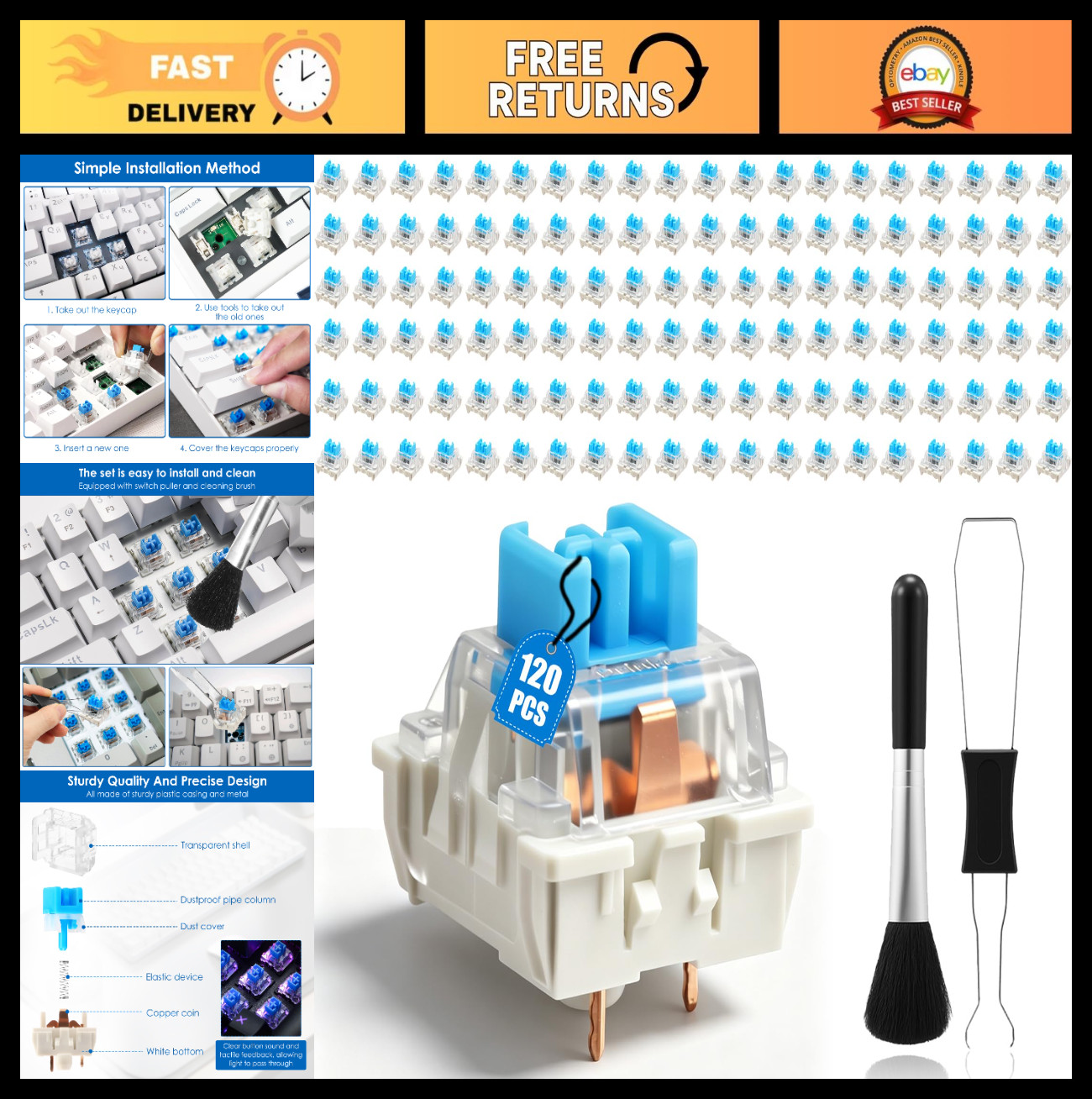 120 Pcs Blue Mechanical Keyboard Switches, 3-Pin Clicky Keys, Dustproof Housing,