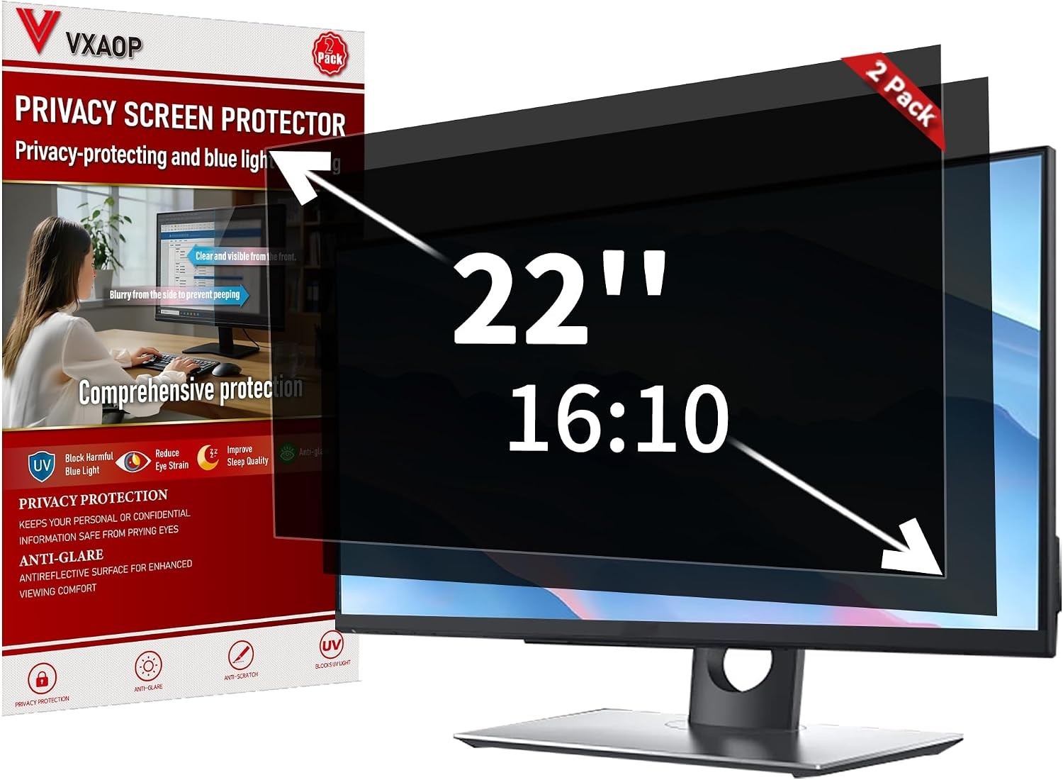 2-Pack Computer Privacy Screen Filter 16:9 Anti Glare Blue Light HP Dell 24 Inch