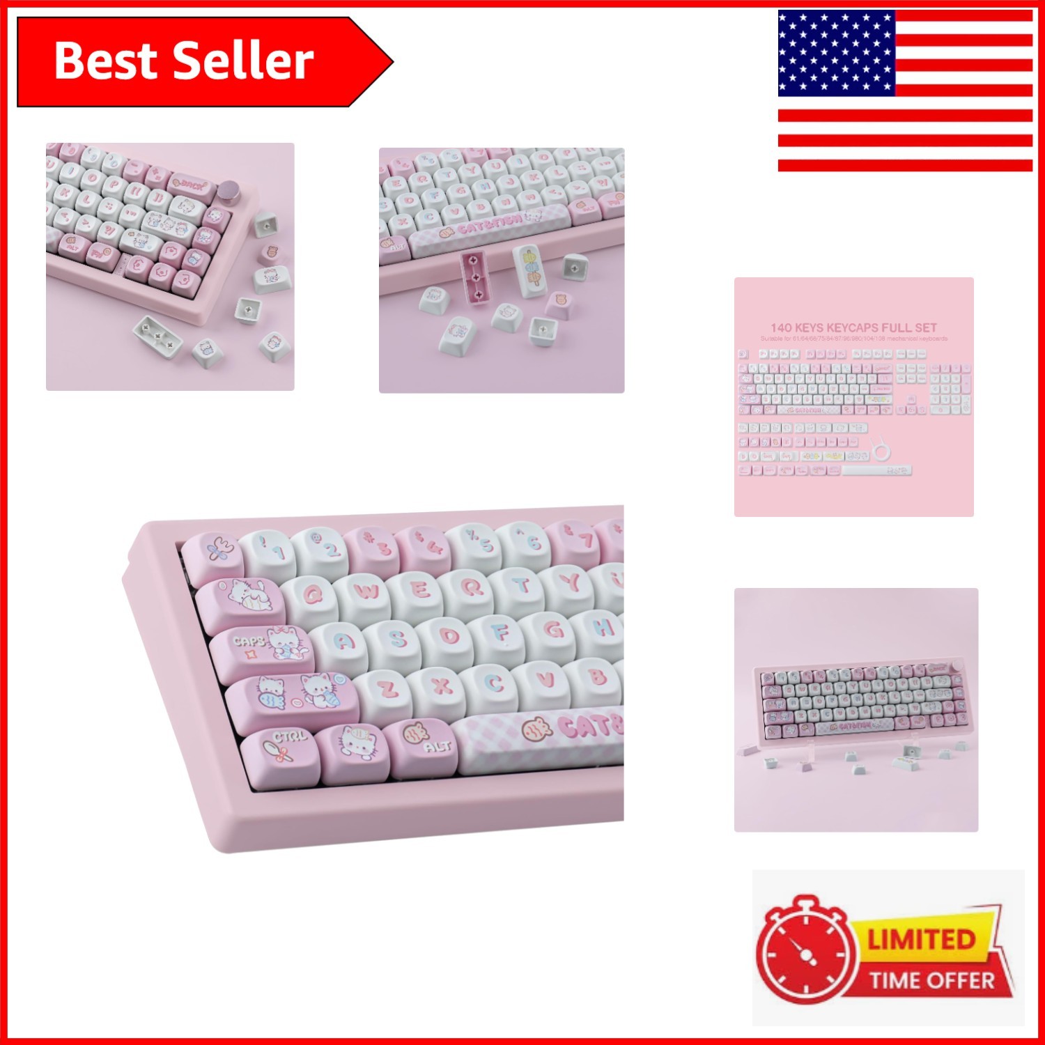 PBT Cute Kitty-Cat Keycaps Set - 140 MOA Profile Keys for Cherry MX Keyboards
