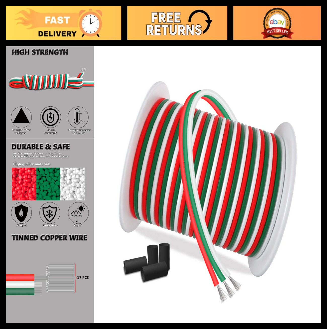 100ft 3 Pin Extension Cable 22AWG Stranded Copper Wire for LED Strips RGB 12/24V