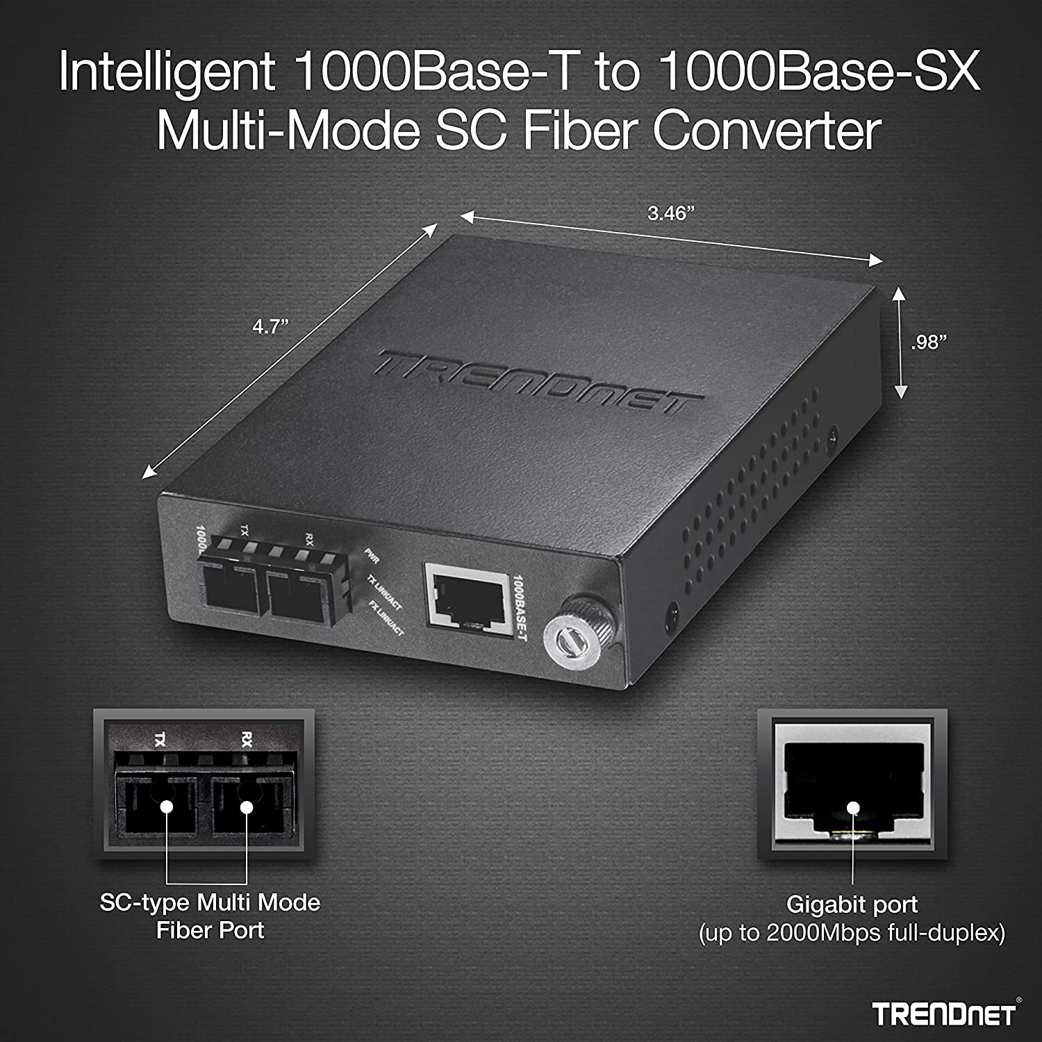 TRENDnet Intelligent 1000Base-T to 1000Base-SX Multi-Mode SC Fiber Converter