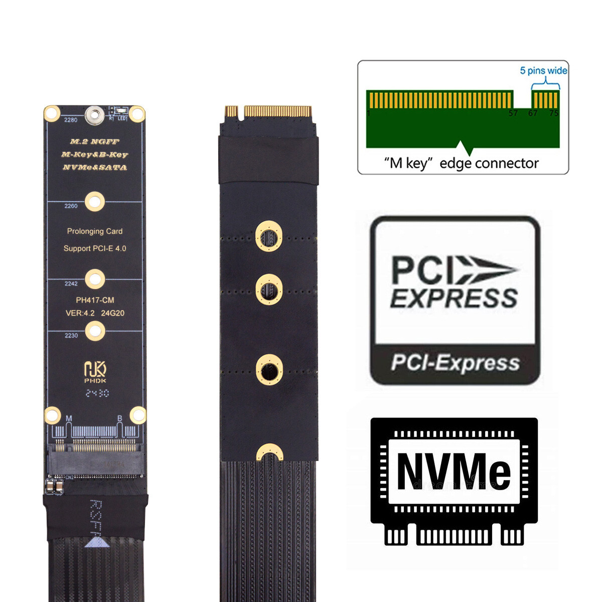 Jimier PCIe 3.0/4.0 M.2 NVME/NGFF SSD Ribbon Flex Extension Cable 30cm 2280mm