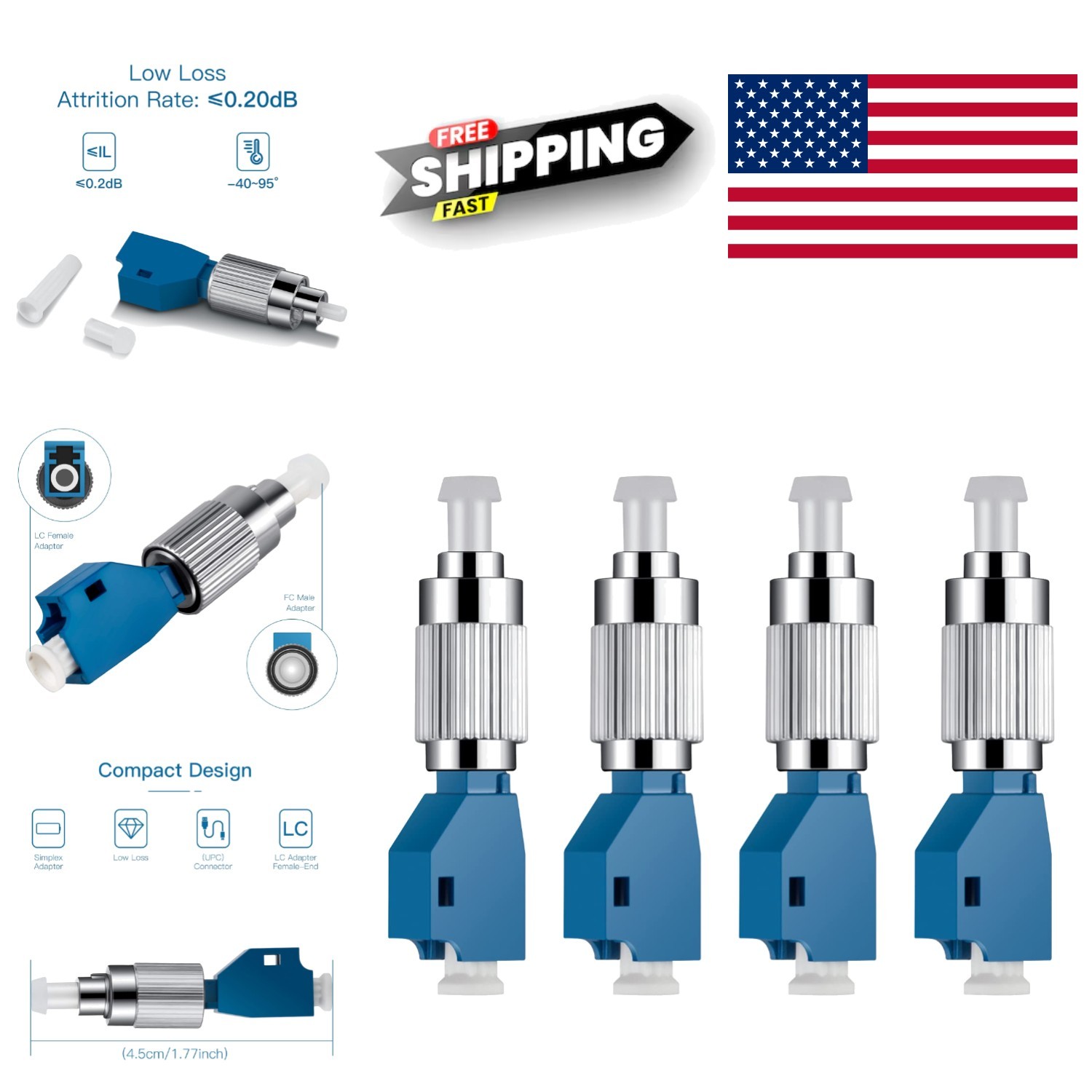 Fiber Optic Adapter 4 Pcs Compact Design Compatible with Visual Fault Locator