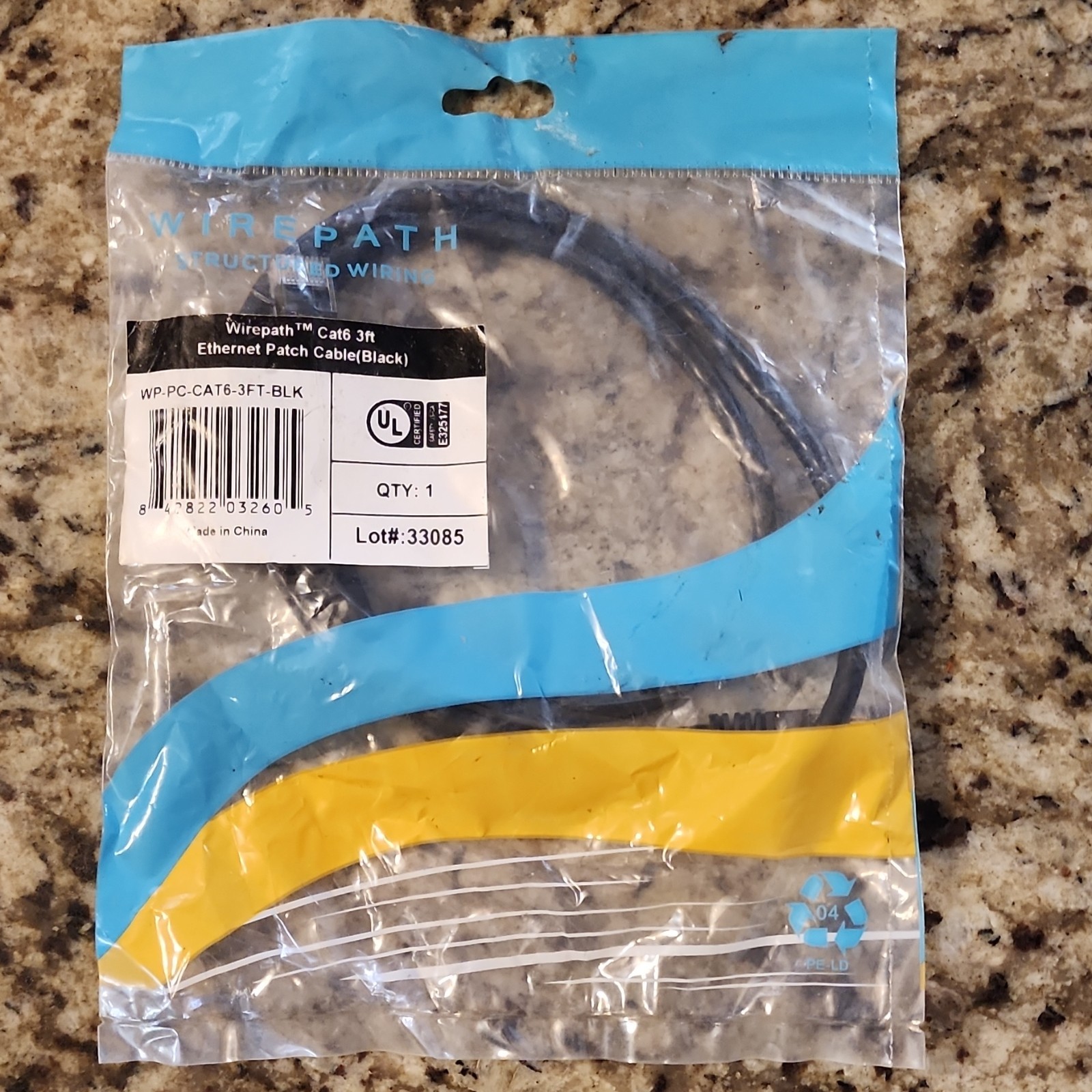 Wirepath Cat6 RJ-45 Ethernet Patch Cable 3ft Black Round WP-PC-CAT6-3FT-BLK